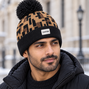 Bonnet en tricot imprimé léopard avec pompon et logo personnalisé, casquette d'hiver à revers motif animal, style streetwear, vente en gros B2B - Product Image 4