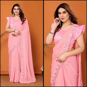 ATRACTIVE GEORGETTE MIRROR LACE WORK SAREE CON BLUSA DESCOSTADA ROSA - Product Image 1