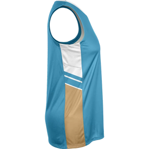Custom Sublimation Basketball Jersey Women Sleeveless Teal Blue Gold White Quick Dry Breathable Side Panel Team Sports Uniform - Product Image 3