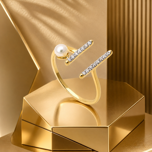 Anillo de compromiso moderno con perla y diamante cultivado en laboratorio, abierto, para mujer, en oro de 10K, 14K, 18K, plata 925, 935, joyería de lujo. - Product Image 1