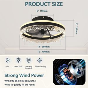 Modern 16-Dimmable LED <b>Ceiling</b> Fan with <b>Light</b> Invisible Blades Crystal Design and <b>Remote</b> <b>Control</b> Adju - Product Image 4