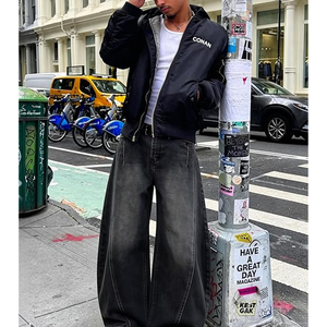 Men Vintage Washed Black Baggy Jeans Wide Leg Loose Fit Streetwear Denim Pants <b>Hip</b> Hop Style Trousers - Product Image 3