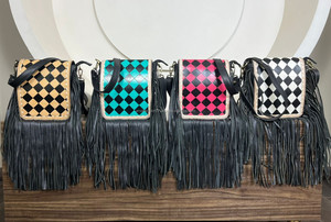 Trendy Hand <b>Tooled</b> Checkered <b>Leather</b> Crossbody Fringe Bag for Women Western Style Shoulder Purse Boho Cowgirl Fashion Accessory - Product Image 5