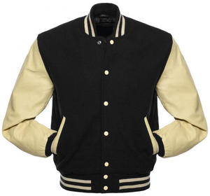 Veste varsity noire pour homme avec manches crème, col rabattu, coupe classique, vêtement d'automne pour homme - Product Image 1