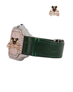Montre à quartz rectangulaire de luxe avec boîtier en acier inoxydable serti de strass, bracelet en cuir vert, affichage analogique, unisexe - Product Image 5