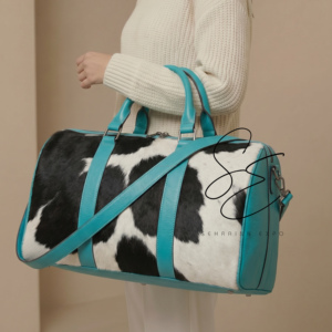 Western Cowhide Leather Duffel Bag Turquoise <b>Large</b> Capacity Weekender Travel Bag Hair-On Hide Crossbody Duffle for Men & Women - Product Image 2