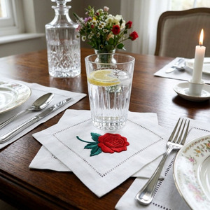 Custom Wholesale Handmade Embroidery Red Rose Square Cocktail Napkin 6*6" Durable Reusable Hemstitch 100% Cotton Beverage Home - Product Image 3