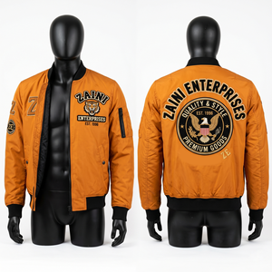 Blouson Bomber Homme en Nylon Premium 280 GSM Orange et Noir avec Poignets Côtelés, Logo Brodé Personnalisé, Style Streetwear et Aviateur - Product Image 1