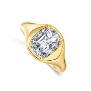 Anillo de banda ancha Signet Premium con diamante de corte cojín de 2.01 quilates, oro macizo de 18K, diamante cultivado en laboratorio, regalo para fiestas de boda para novias - Product Image 5