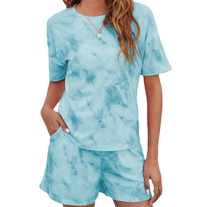 Women's <b>Tie</b> <b>Dye</b> Short Sleeve Loose Fit 2 Piece <b>Set</b> O Neck Cotton Knitted Casual Summer Shorts Outfit With Pocket - Product Image 5