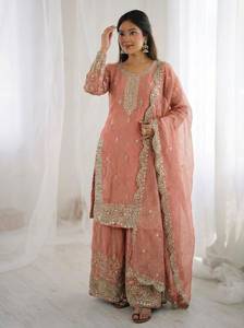 Designer Coding Embroidery And Sequence Work Fandy Silk <b>Top</b> With Plazzo And Dupatta Fully Stitched Ready To Wear Collection - Product Image 1