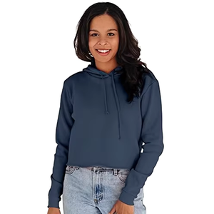 Womens Dark Blue Cropped Pullover Hoodie 100% Cotton Long Sleeve Hooded Sweatshirt Rib Cuffs Short Casual Autumn <b>Layering</b> <b>Top</b> - Product Image 4