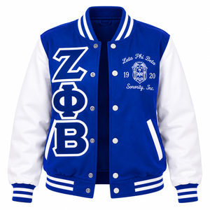 Zeta Phi Beta Varsity <b>Jacket</b> <b>Women</b> Royal Blue <b>White</b> Sleeve Chenille Greek Letters Embroidered Crest 1920 Snap Letterman Sorority - Product Image 3