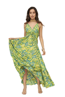 Robe longue décontractée d'été en soie pour femme, coupe trapèze, taille naturelle, style bohème floral, col en V, style romantique, infroissable et respirante