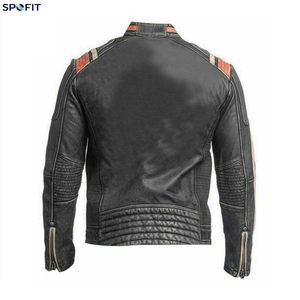 Veste de moto en cuir noir lavé pour homme, style vintage Cafe Racer, avec bandes de course orange, en cuir de vachette véritable - Product Image 2