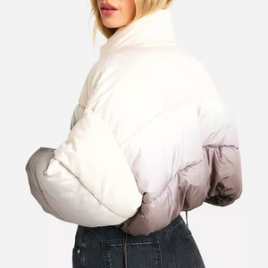 Unisex White Gray Color Blocking Puffer <b>Jacket</b> Stand Collar Zipper Closure Windproof Thick Polyester Winter Coat Casual Style - Product Image 3