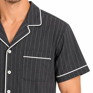 <b>Men</b> Striped Knitted Polyester Casual <b>Pajama</b> <b>Set</b> <b>Short</b> Sleeve Button Sleepwear Summer Cool Loungewear Matching Lounge <b>Shorts</b> Dark - Product Image 5