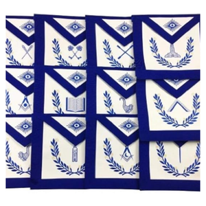 Ensemble d'aprons maçonniques brodés bleus faits à la main pour officiers, avec bordure rectangulaire en cuir et broderie artisanale - Product Image 1