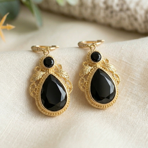 Factory Price Black Onyx Earrings 925 <b>Sterling</b> <b>Silver</b> 18K Gold Plated 5 Inch 15g Round 8mm Pear Cut Wholesale Jewelry - Product Image 3