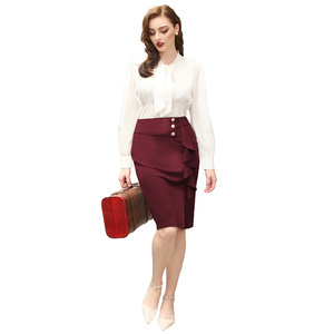 Faldas midi de oficina ajustadas con volantes y abertura frontal de cintura alta estilo vintage para mujer al por mayor - Product Image 3