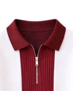 Sweat-shirt polo zippé rouge et blanc pour homme, avec empiècements côtelés, en molleton décontracté, à manches longues, style streetwear, coupe premium - Product Image 5