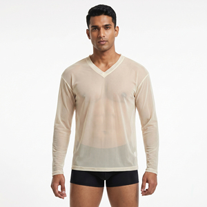 T-shirt en maille transparente avec logo personnalisé, t-shirt léger à séchage rapide pour homme, col en V, manches longues, 100% polyester, t-shirt en maille transparente - Product Image 6