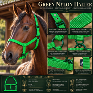 Harnais pour cheval en nylon vert avec couronne réglable et anneaux métalliques |   Collier équestre vert vif avec sangle tissée côtelée - Product Image 5