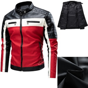 GURUNA-Z-INDUSTRY Veste de moto vintage en cuir PU marron pour homme Guruna Z, col montant, fermeture éclair, blocs de couleur, coupe-vent - Product Image 2