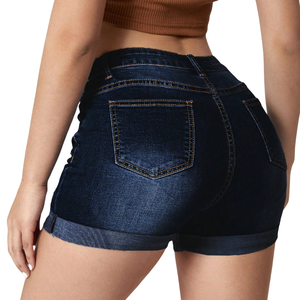 Womens <b>Denim</b> Shorts <b>Stretch</b> Distressed Dark Blue Casual Summer Rolled Hem Slim Fit Vintage Washed OEM ODM Custom Manufacturer - Product Image 2