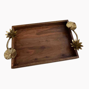 Plateau de service en bois fantaisie avec poignée en métal à motif floral, plateau décoratif pour la cuisine et le comptoir, plateau de service pour thé et café - Product Image 1