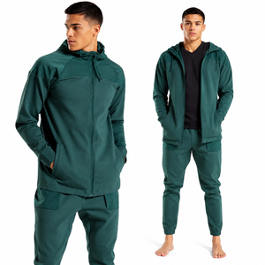 Custom Green Premium Full <b>Zip</b> <b>Hooded</b> Tracksuit Men's Athletic Breathable Cotton Jogger Set Regular Fit Winter Casual Sportswear - Product Image 1