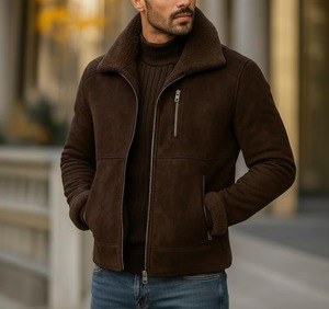Veste aviateur en daim marron chocolat pour homme, doublée de fausse fourrure, bomber d'hiver - Product Image 3