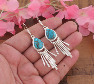 Blue Lace Agate 925 <b>Sterling</b> <b>Silver</b> Vintage Gold Plated Teardrop Fringe Dangle Earrings Tassel Gemstone Anniversary Party - Product Image 2