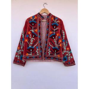 Handmade Velvet Suzani Embroidered Knitted Breathable Floral Bohemian Autumn Cotton <b>Jacket</b> Ethnic Gift for Her - Product Image 1