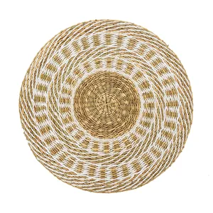 White Geometric Seagrass <b>Placemat</b> <b>Round</b> Straw Table Mat Woven Pattern Coaster Decorative Charger Plates Modern Boho Dining Decor - Product Image 1