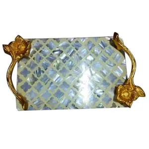 Plateau de service rond en nacre de luxe, fait main, mosaïque MOP, plateau décoratif pour table basse, ottoman, organisateur de vanité - Product Image 5