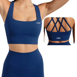 Sujetador deportivo sin costuras para mujer, cuello halter, soporte alto, azul liso, para yoga y entrenamiento, ropa deportiva transpirable de secado rápido, encaje, elastano/nailon - Product Image 6