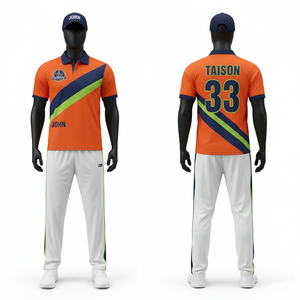 Men's <b>Cricket</b> Uniform Set 180 GSM Moisture Wicking Polyester Interlock <b>White</b> Green Collar Blue Gold Panel Sublimation Logo - Product Image 3