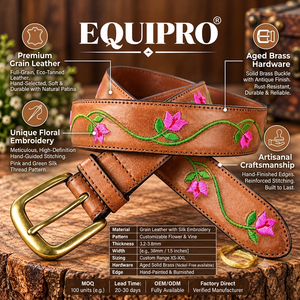 Ceinture Equipro en cuir de vachette véritable marron, broderie rose motif animal, boucle à ardillon, style vintage décontracté, réversible, largeur 3,5 cm, 110 cm - Product Image 4