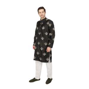 Ensemble de kurta pour homme en satin semi-soie noir avec broderie, motifs de ventilateurs métalliques et embellissements en sequins - Product Image 3