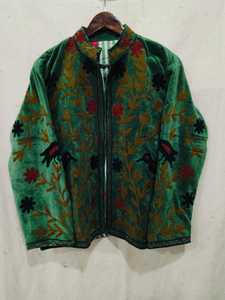 Veste en velours vert à col mandarin, broderie florale à la main, motif d'oiseaux, manches longues, fermeture éclair, vêtement d'automne - Product Image 1