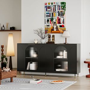 Mobiletto con 4 Ante in Vetro, Credenza in Legno Laccato Nero, Buffet Contenitore per Soggiorno - Product Image 3