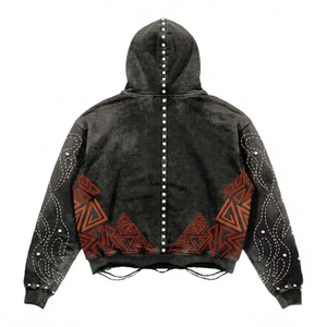 Sudadera con capucha de algodón pesado lavado estilo vintage para hombre, con bordado personalizado de perlas, estilo urbano, con cremallera, manga larga, estampado de estrellas, estilo moderno. - Product Image 4