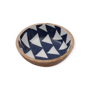 <b>Wooden</b> Serving Bowl with Navy <b>Triangle</b> Enamel Pattern for Bold Modern Dining and Graphic Table Styling Edge - Product Image 1