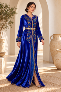 Vestido Caftán Marroquí de Terciopelo Azul Rey Mishkat Couture, Cuello en V, Elegante, Maxi, Manga Larga, con Cinturón, para Fiesta - Product Image 6