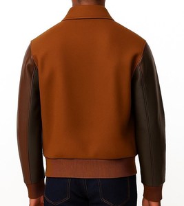 Veste varsity marron pour homme, manches en cuir, fermeture à boutons, col rabattu, vêtement décontracté pour l'automne, coupe classique - Product Image 2