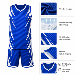 Ensemble de maillots de basket-ball bleus pour hommes, sans manches, col en V, imprimé géométrique sublimé, vêtements de sport respirants, noms d'équipe personnalisés - Product Image 4