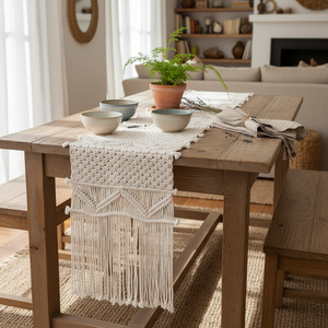 Boho Style Handmade Knotted Design <b>Runner</b> 14 X 78 inches White Macrame Cotton Table <b>Runners</b> for Home Decor - Product Image 5