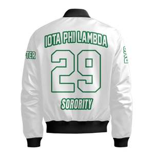 Iota Phi Lambda Women Custom Line Crossing Jacket White Greek Letter Crest Front Back Year Zip Bomber Jacket - Product Image 6