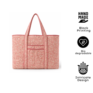 Bolsa de Mano Acolchada de Algodón Hecha a Mano de Primera Calidad, Diseño Floral Rosa, Estilo Vintage, Impresión a Bloque, Tinte No Tóxico, Uso Diario, Todas las Temporadas - Product Image 4